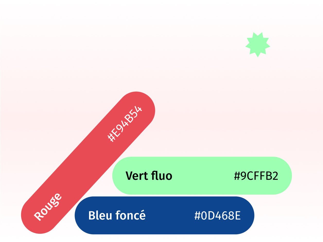 Visualisation des principales couleurs utilisées sur le site : le rouge, le vert fluo et le bleu foncé