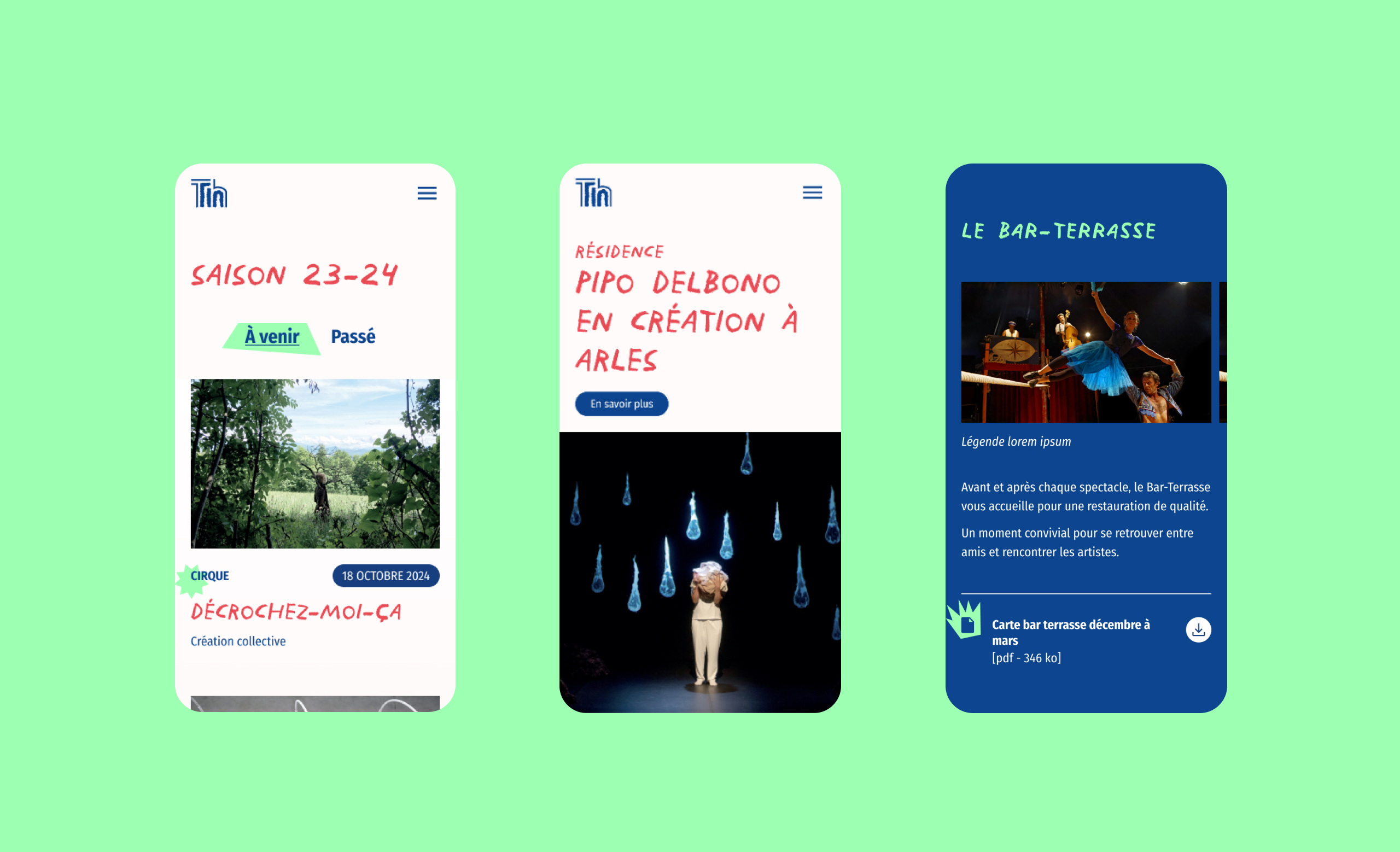 Présentation de 3 écrans en version mobile : La saison 23-24, La page détail d'un spectacle et la section "Bar terrasse"